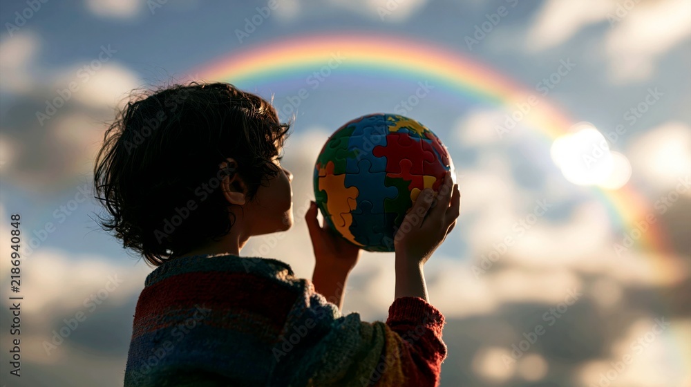 Obraz premium A Child Holding a Globe Made of Puzzle Pieces, Looking Up at a Rainbow