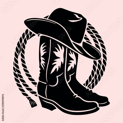 Western Cowboy Boots and Hat with Feather Ornament Black Silhouette Vector