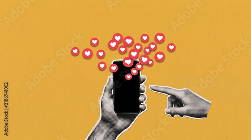 Hand holds a smartphone while another hand points at it sending social media like notifications symbolizing digital engagement and popularity. Collage art.