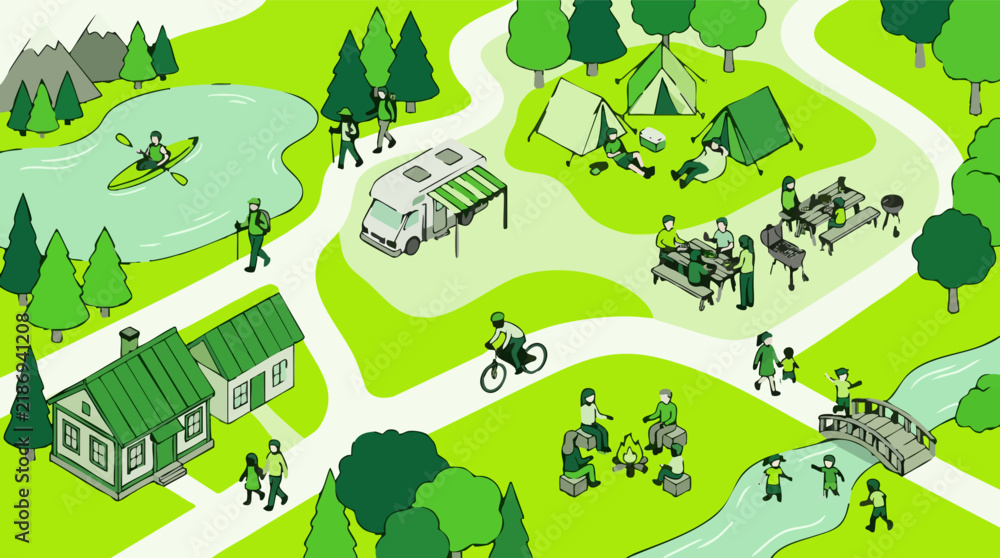Fototapeta premium Isometric illustration of people enjoying various outdoor activities in a natural park