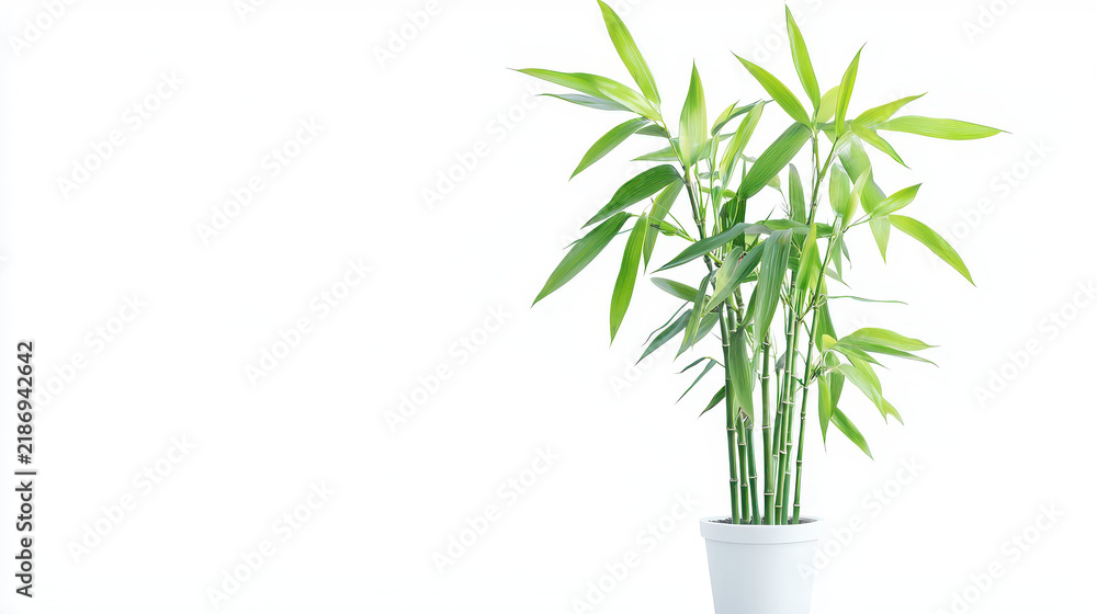 Fototapeta premium Vibrant green bamboo plant in white pot, symbolizing tranquility and nature beauty