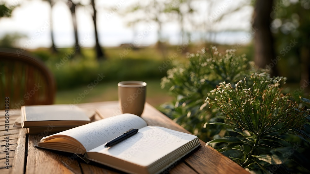 Obraz premium Open journal with pen and coffee cup on wooden table beside greenery in soft natural light