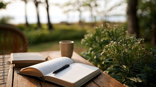 Open journal with pen and coffee cup on wooden table beside greenery in soft natural light