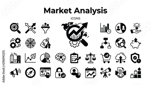 Market Analysis Icons Set: A comprehensive collection of black and white vector icons representing various aspects of market analysis and business strategy, including growth, data, and finance.