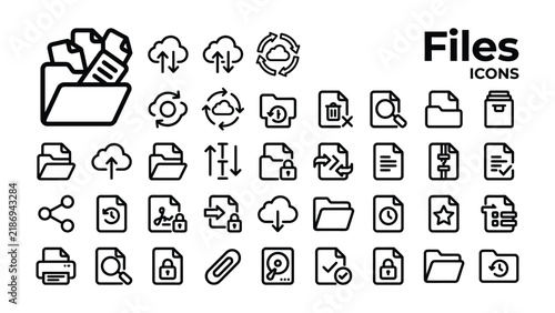 Files and Documents Icons Set: A comprehensive collection of line icons representing file management, cloud storage, document organization, and office utilities.