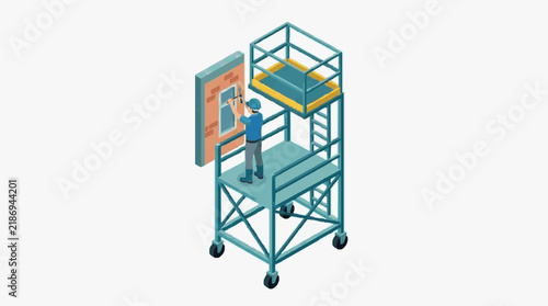 Industrial Worker Using Mobile Elevating Work Platform to Paint or Inspect High Wall in Factory Setting