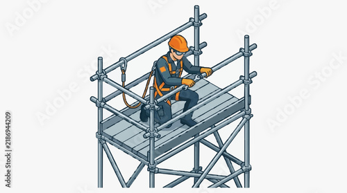 Industrial Worker Securing Scaffolding Platform with Safety Gear and Tools on Elevated Metal Frame