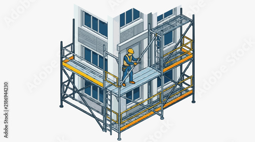 Industrial Worker Using Safety Scaffold Platform Near Modern Building Under Construction with high quality professional line art symbols for modern creative design and digital branding projects