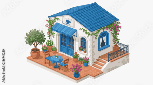 Minimalist Charming Blue Roofed Caf with Outdoor Seating Potted Plants and Cozy Ambiance with high quality professional line art symbols for modern creative design and digital branding projects