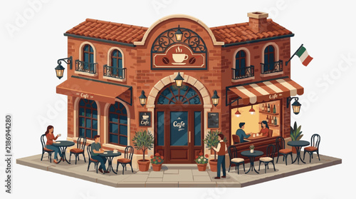 Minimalist Charming European Style Coffee Shop with Warm Brick Exterior Cozy Patio and Italian Flag