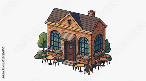 Minimalist Charming Brick Caf with Outdoor Seating and Flower Decor Cozy Pastel Colored with high quality professional line art symbols for modern creative design and digital branding projects