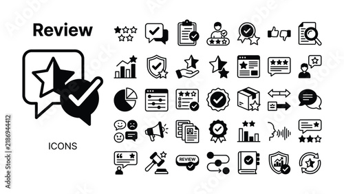 Review Icons Collection: A comprehensive set of graphic icons representing the concept of review, including stars, checkmarks, graphs, and other elements used to convey feedback and evaluation.