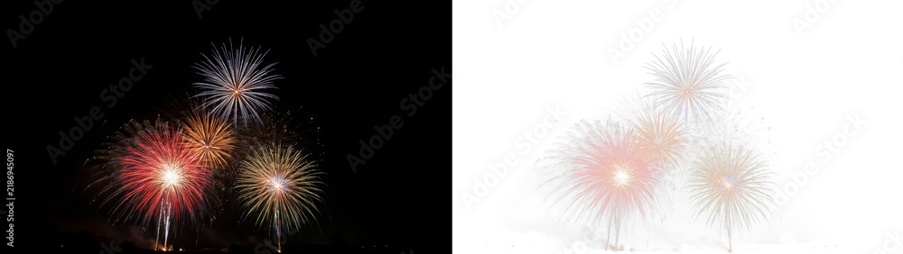 Fototapeta premium Vibrant multicolored fireworks display bursting in the night sky, creating a spectacular celebration of light and color during a festive holiday event isolated on transparent background
