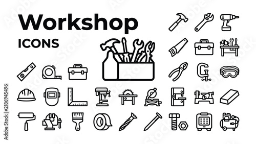 Workshop Icons Set: A collection of hand-drawn line icons representing various tools and equipment found in a workshop, perfect for design projects.