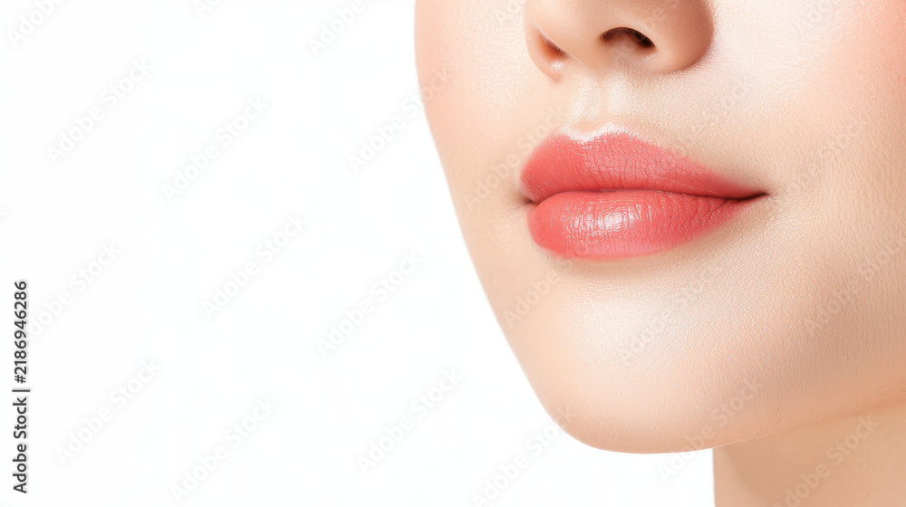 Obraz premium Close up of woman lips showcasing soft, natural lip color and smooth skin texture, conveying beauty and elegance