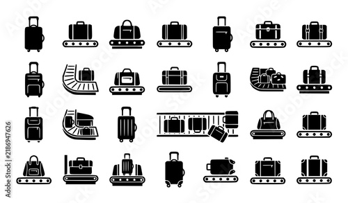 Airport Baggage Claim Conveyor Belt and Luggage Black Glyph Vector Icons