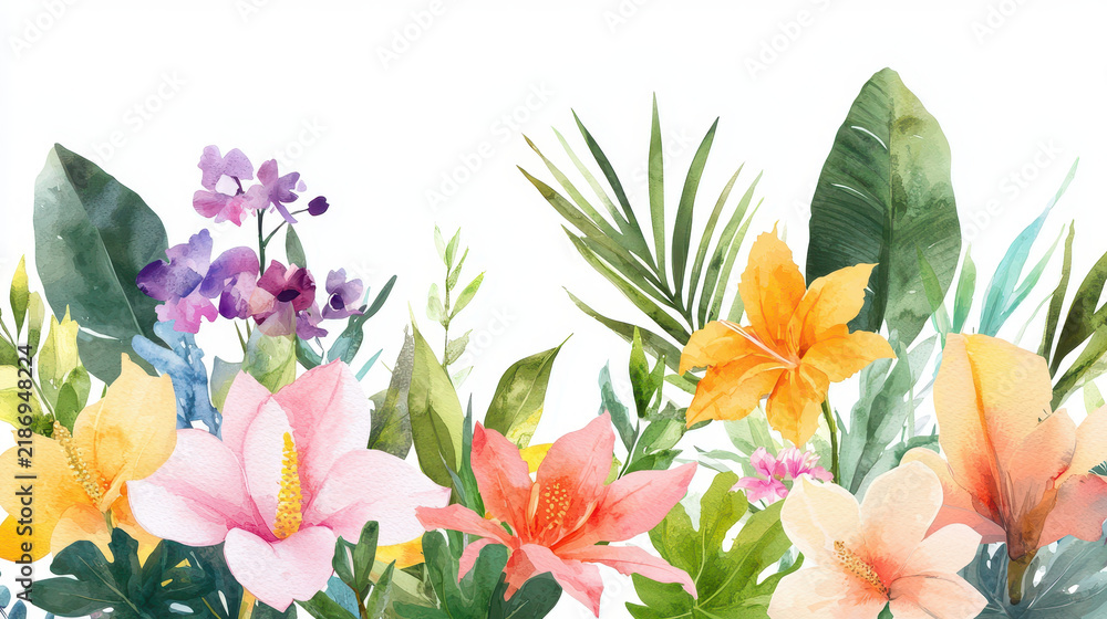 Fototapeta premium Vibrant watercolor floral arrangement featuring various flowers and green leaves, creating lively and cheerful atmosphere