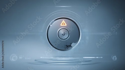 Futuristic control button with warning symbol glowing in blue lighting showcasing modern technology and interface design for user interaction applications. Generative AI