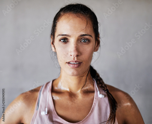Canvastavla Fitness, portrait and woman on wall with space, keeping fit and wellness hobby on weekend break