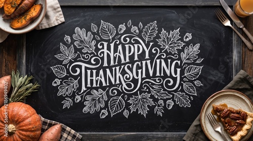 A beautifully festive thanksgiving day chalkboard illustration surrounded by a delicious traditional holiday dinner with autumn decorations