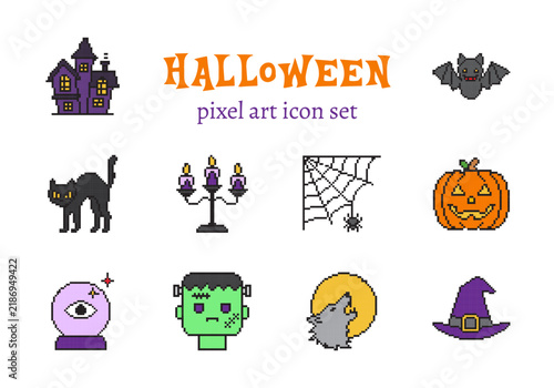Halloween pixel art icon set. Vector illustration of retro 8-bit spooky elements including haunted house, bat, black cat, candelabra, spider web, pumpkin, crystal ball, frankenstein, wolf .