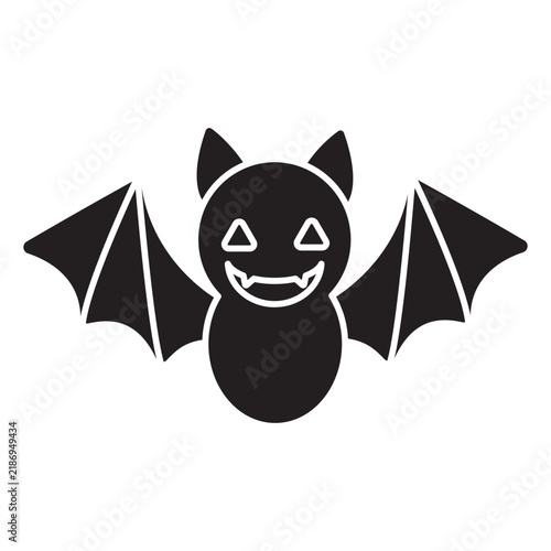 Solid vector illustration of a cute Halloween bat character with open wings, fangs, and smiling face isolated on a white background. Black silhouette style icon.