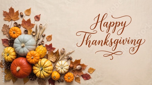 A beautiful autumn still life featuring colorful pumpkins dried flowers and a happy thanksgiving calligraphy message