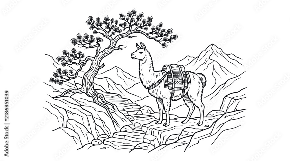 Obraz premium Pack llama on rocky mountain path line art.