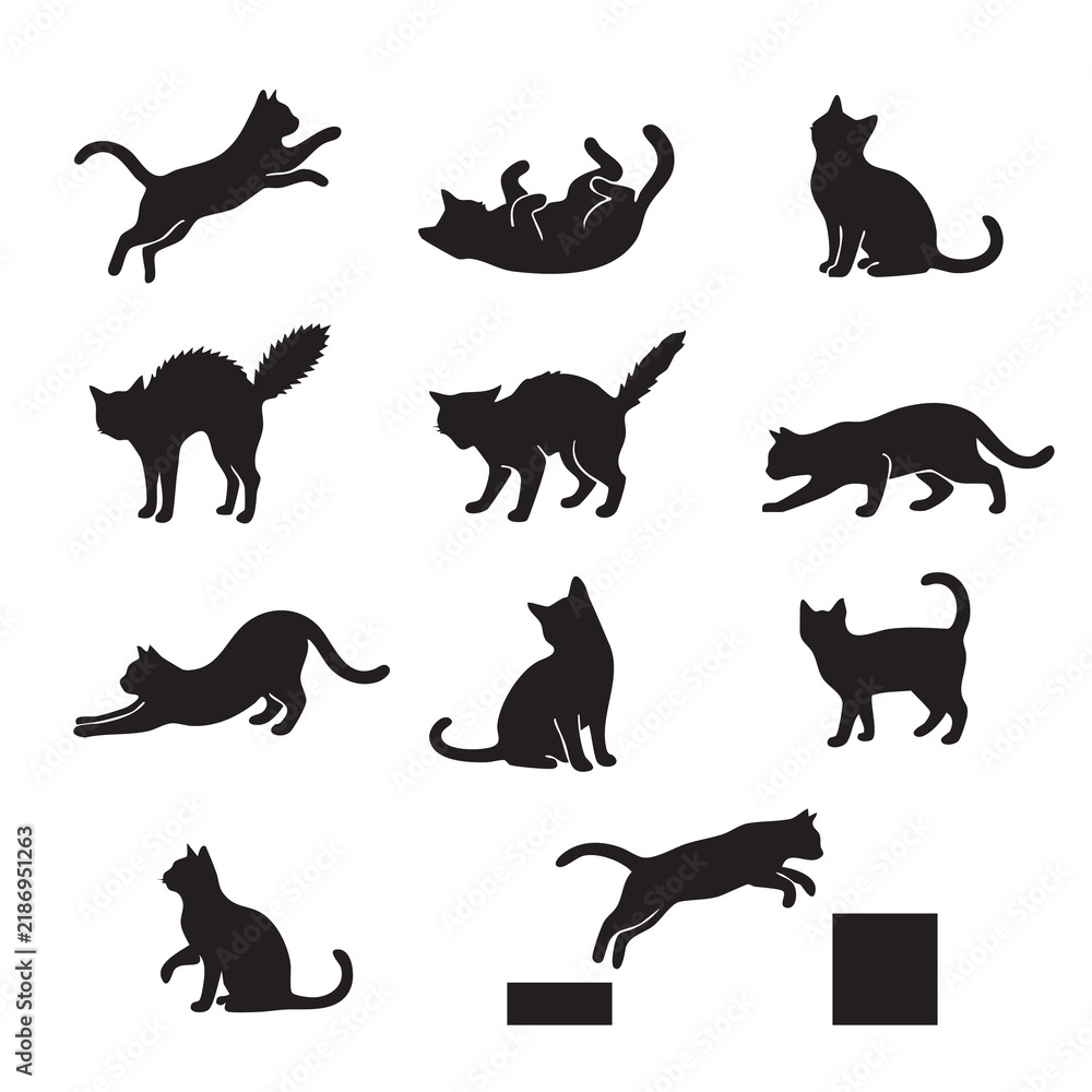 Fototapeta premium Set of Black Cat Silhouettes in Various Poses Vector