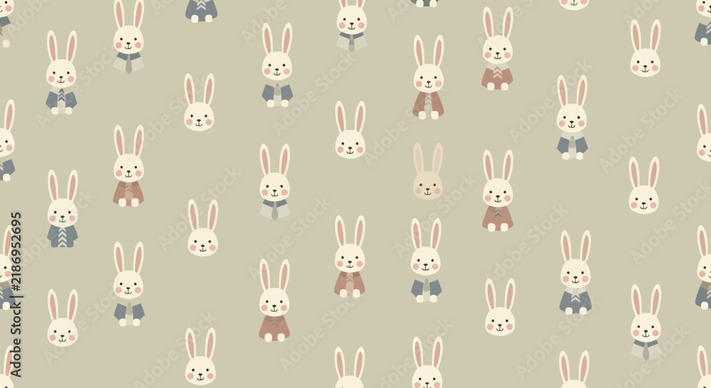 Fototapeta premium Cute Kawaii Bunny Pattern, Whimsical Rabbit Illustration, Baby Animal Seamless Design