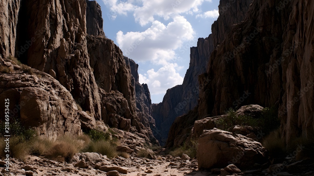 Obraz premium A narrow canyon with towering rocky walls and a clear blue sky with scattered clouds above