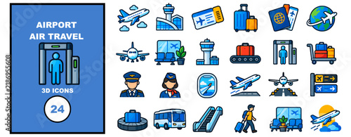 Airport and air travel 3D icon collection featuring airplanes  termina