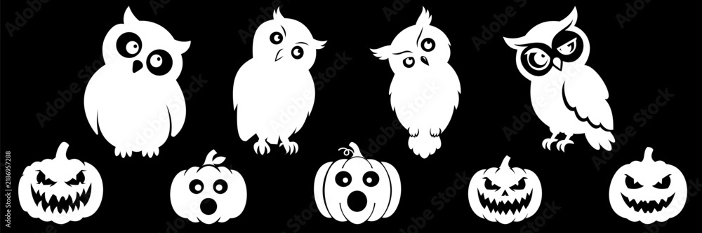 Fototapeta premium Halloween Owls and Pumpkins White Silhouette on Black Background Vector Illustration
