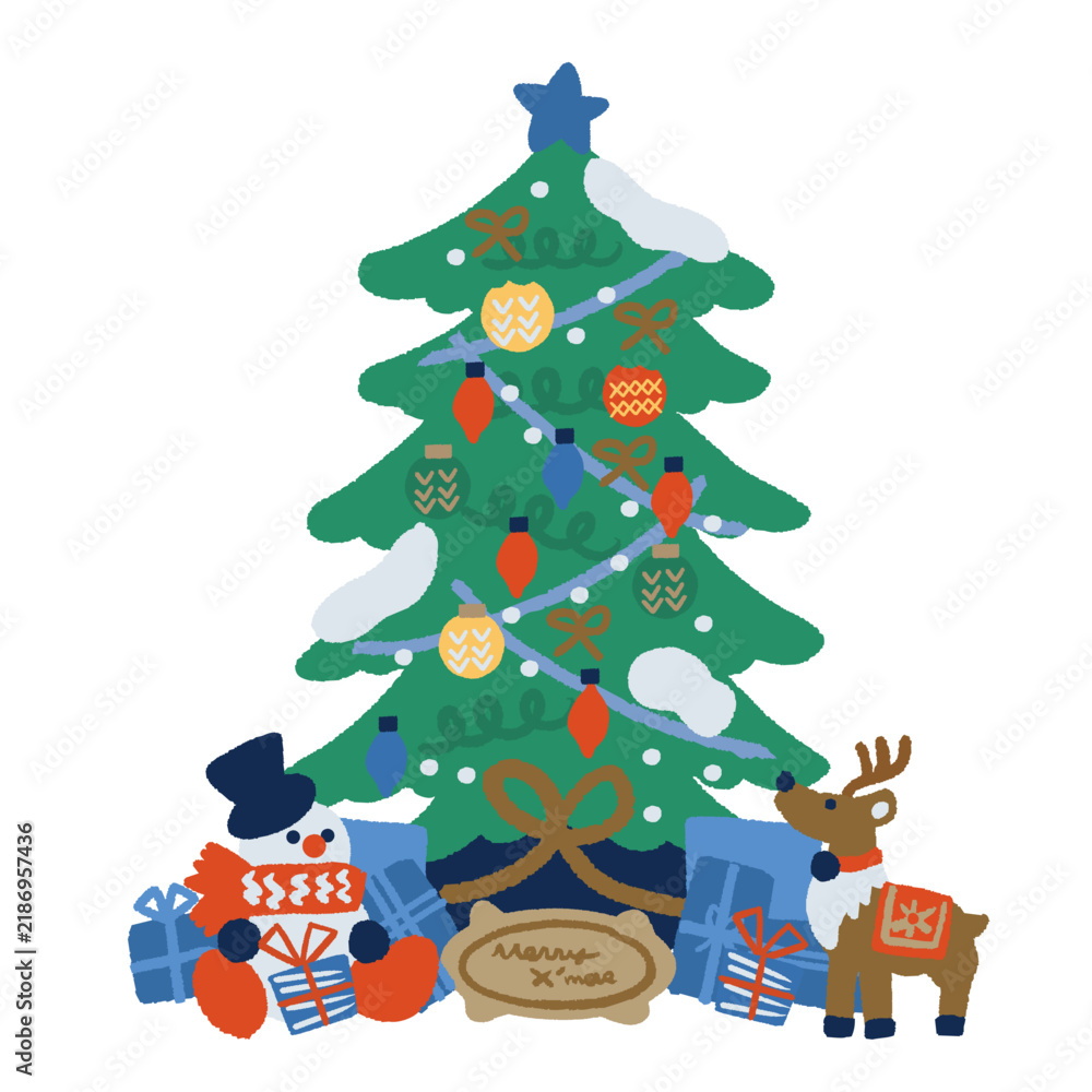 Naklejka premium プレゼントとトナカイを添えたクリスマスツリーのイラスト