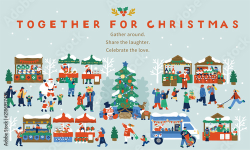 屋台とツリーで賑わうクリスマスマーケットのイラスト