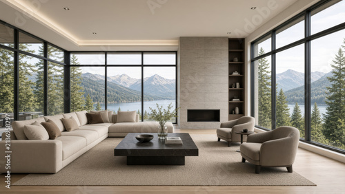Spacious modern living room with panoramic lake and mountain views, neutral furnishings, large windows and cozy fireplace creating serene