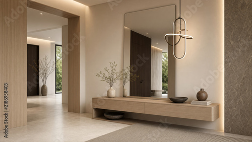 Minimalist entryway with floating wood console mirror pendant light and decorative vases creating calm modern ambiance