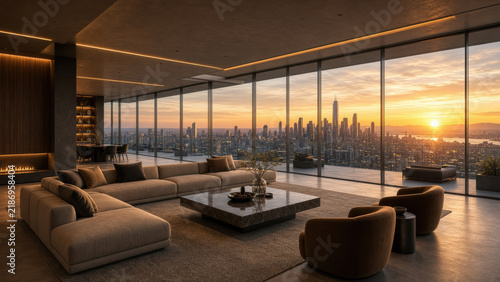 Luxury living room with panoramic city skyline sunset view, modern sofa, marble table, warm lighting, elegant interior design