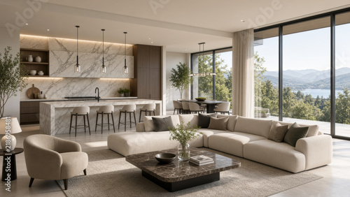 Modern open living room and kitchen with marble island, neutral sofa, large windows showing lake view and mountains, warm natural light and cozy