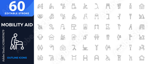 Mobility aid and Senior Assistance Outline Icons Set with Mobility, Walking Cane, Nursing, Health, Disability, Volunteer Support, Patient Care and Community Service.Editable stroke outline icon.
