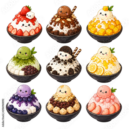 Cute Bingsu Shaved Ice Bowls Kawaii Dessert Vector Set