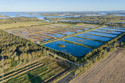 Description: Aerial view of a prawn farm with numerous aquaculture ponds across the rural landscape of Palmers Island near Yamba in the Clarence Valley, New South Wales, Australia.