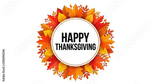 Festive thanksgiving greeting with colorful autumn leaves arranged in a circular wreath shape on white