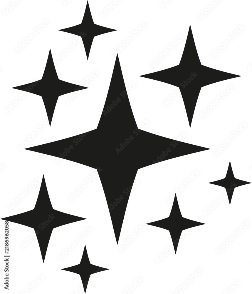 Obraz premium A collection of black starbursts and sparkling star shapes arranged in a dynamic and visually striking pattern on a white background