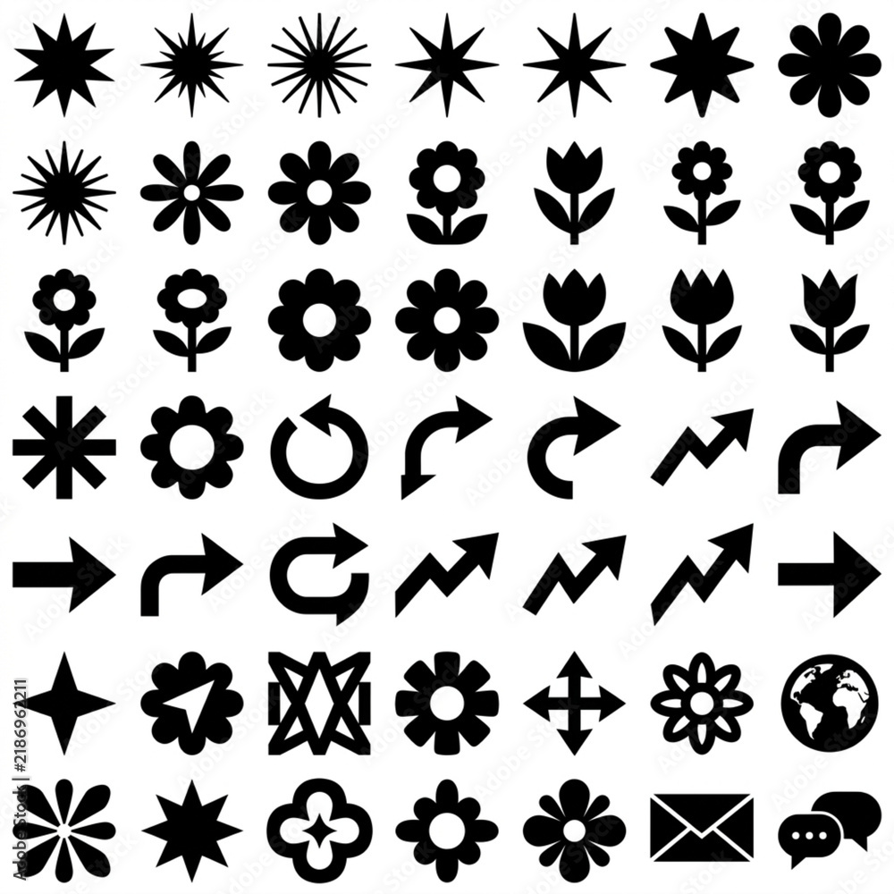 Fototapeta premium Neo-Brutalist Flat Vector Icon Set of Abstract Geometric Badges, Starbursts, and Tech Symbols Isolated on White