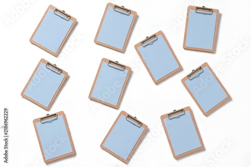 Sky blue blank paper sheet clipped to a wooden clipboard, isolated on a clean white background. Simple and minimal stationery concept with copy space.