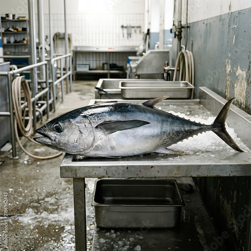 Large Fish on Stainless Steel Table in Fish Market.