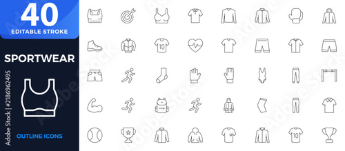 Sportswear Outline Icons Set with Fitness Clothing, Athletic Apparel, Running, Training, Gym, Active Lifestyle, Sports Equipment, Sneakers, Workout, Wellness. Editable stroke outline icon.
