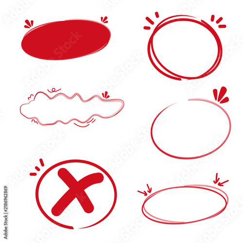 Variety of Hand Drawn Red Marker Circles, Ovals, and 'X' for Emphasizing Key Information in Presentations, Documents, and Graphic Design