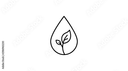 Minimalist black line art icon showing a delicate small plant sprouting inside a clean water droplet shape representing ecological sustainability and environmental protection concept design